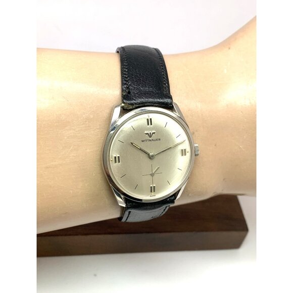 Wittnauer Mens Watch Vintage Swiss Hand Wind Silver Dial 33mm Black Leather Band - Picture 13 of 16